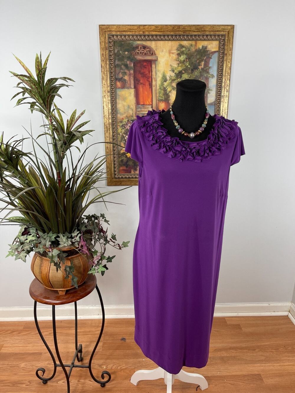 Julian Taylor Shift Dress Women 12 Royal Purple Ruffle Scoop Neck Cocktail Party